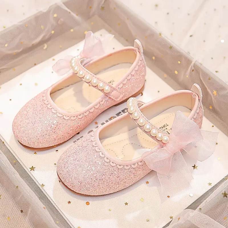 Chic Girls Princess Leather Shoes Elegant Glitter Children's Flat Fashion Sweet Bowtie Kids Shiny Dress Shoes for Party Wedding