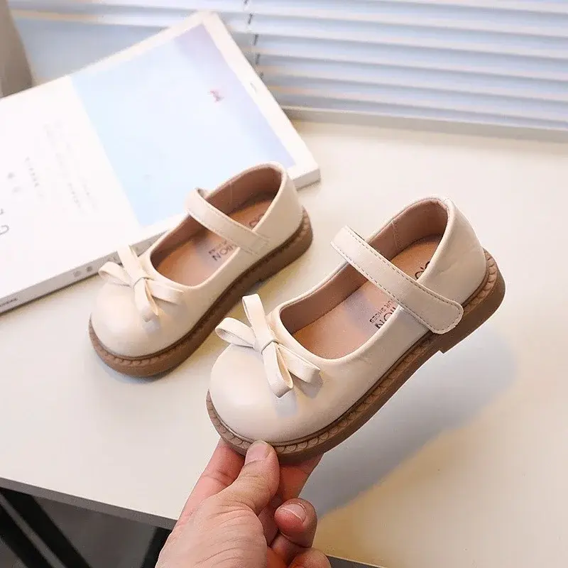 New Children's Shoe for Girl Solid Color Versatile Black School Shoes Fashion Simple Kids Leather Shoe Round-toe Bowtie Flats