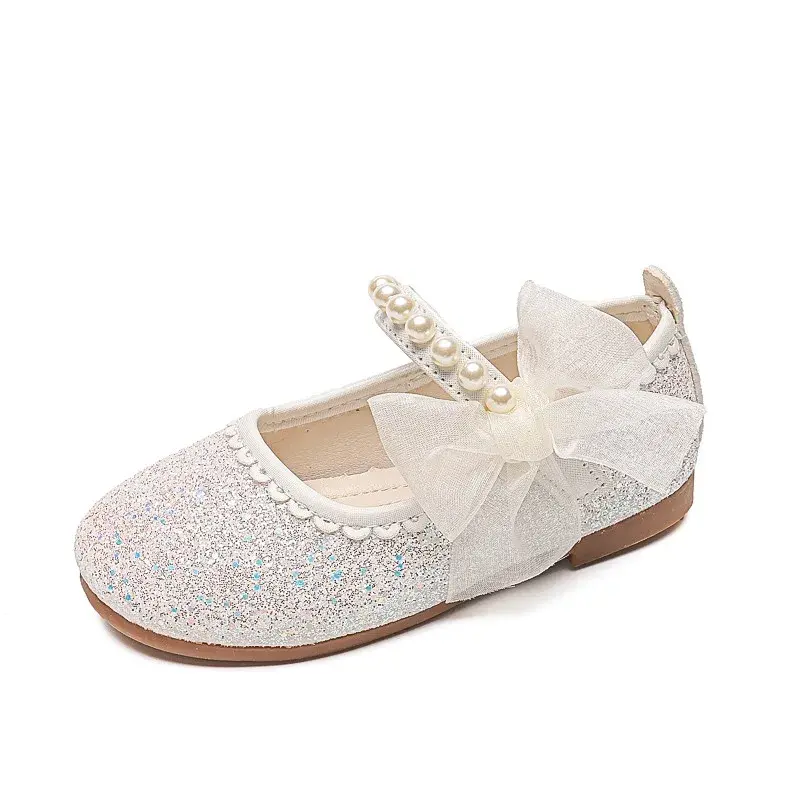 Chic Girls Princess Leather Shoes Elegant Glitter Children's Flat Fashion Sweet Bowtie Kids Shiny Dress Shoes for Party Wedding
