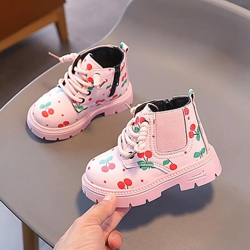 Cute Cherry Girls Fashion Boots Non-slip Versatile Children Causal Ankle Boots Thick Soled Soft Kids Leather Shoes Spring Autumn