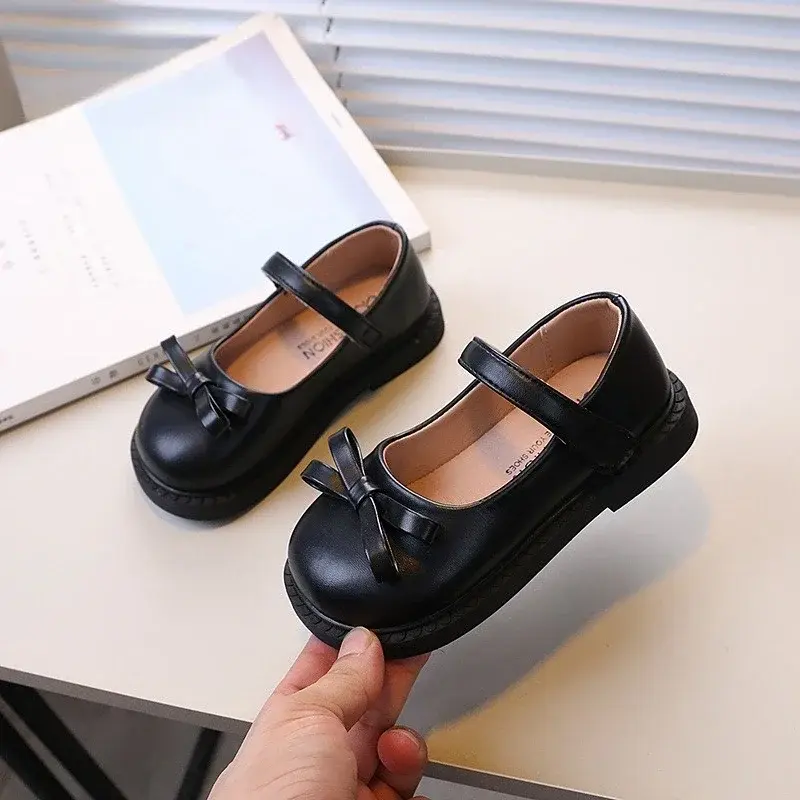 New Children's Shoe for Girl Solid Color Versatile Black School Shoes Fashion Simple Kids Leather Shoe Round-toe Bowtie Flats