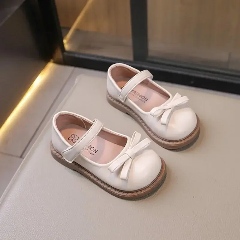 New Children's Shoe for Girl Solid Color Versatile Black School Shoes Fashion Simple Kids Leather Shoe Round-toe Bowtie Flats