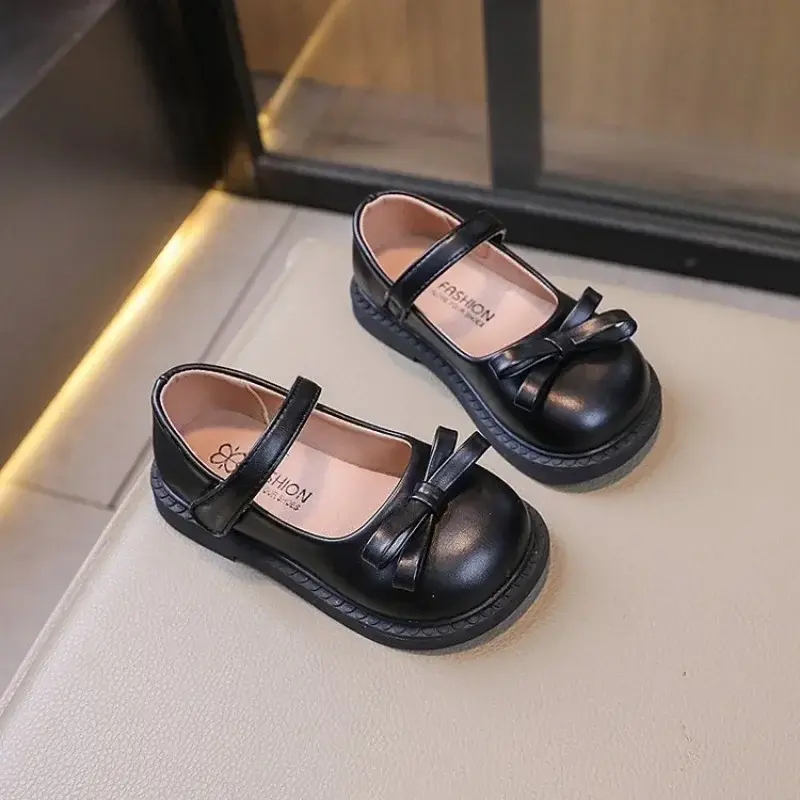 New Children's Shoe for Girl Solid Color Versatile Black School Shoes Fashion Simple Kids Leather Shoe Round-toe Bowtie Flats