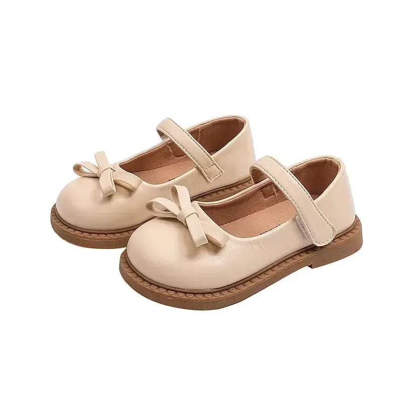 New Children's Shoe for Girl Solid Color Versatile Black School Shoes Fashion Simple Kids Leather Shoe Round-toe Bowtie Flats