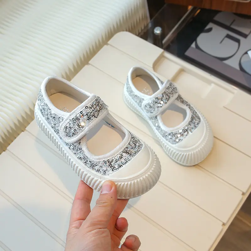 New Girl Princess Canvas Shoes Fashion Luxury Sequins Children Causal Shoes Breathable Kids Glitter Mary Jane Shoes Thick Bottom