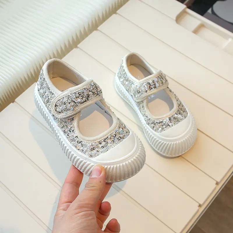 New Girl Princess Canvas Shoes Fashion Luxury Sequins Children Causal Shoes Breathable Kids Glitter Mary Jane Shoes Thick Bottom