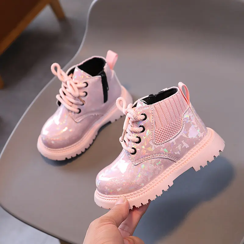 New Children's Autumn Boots Glossy PU Leather Girl's Ankle Boot Fashion Versatile Kids Causal Short Boots Thick Bottom Zipper