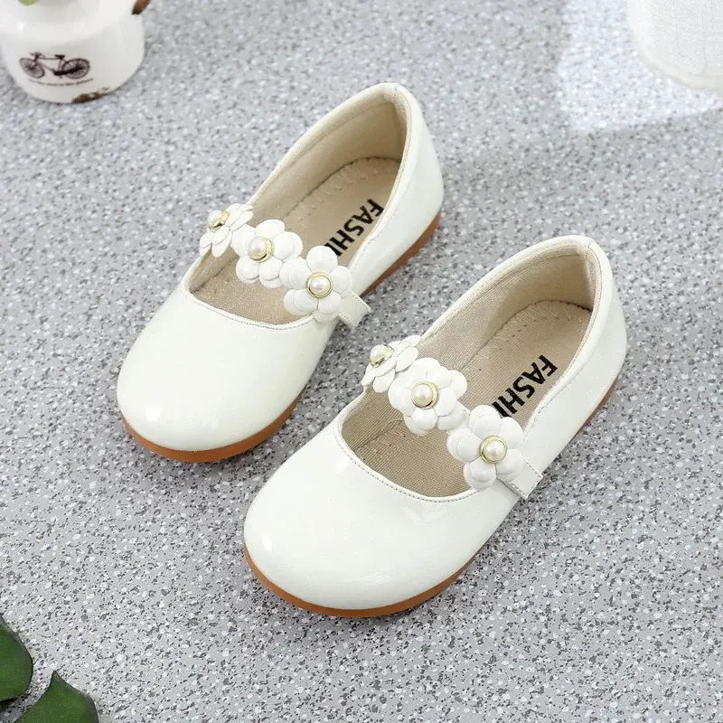 Girls Leather Shoes Floral Kids Flats with Flowers Princess Sweet Soft High Quality Children Dress Shoes for Wedding Party 26-36