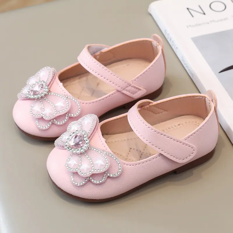 Baby Girls Leather Shoes Princess Sweet Kids Casual Flats for Wedding Party Rhinestone Butterfly Crystal Heart Fashion New Soft