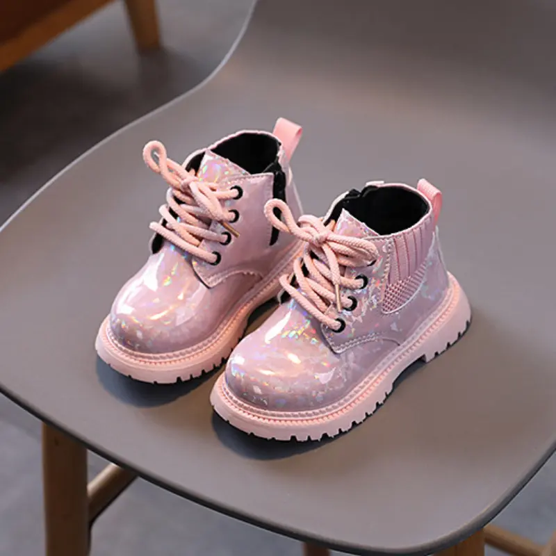 New Children's Autumn Boots Glossy PU Leather Girl's Ankle Boot Fashion Versatile Kids Causal Short Boots Thick Bottom Zipper