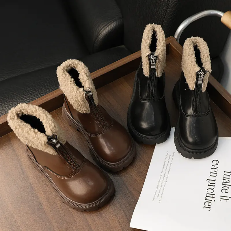Winter Children's Ankle Boots Warm Simple Toddler Girls Causal Cotton Boots Thick Bottom Trend Kids Fashion Leather Boots Zipper