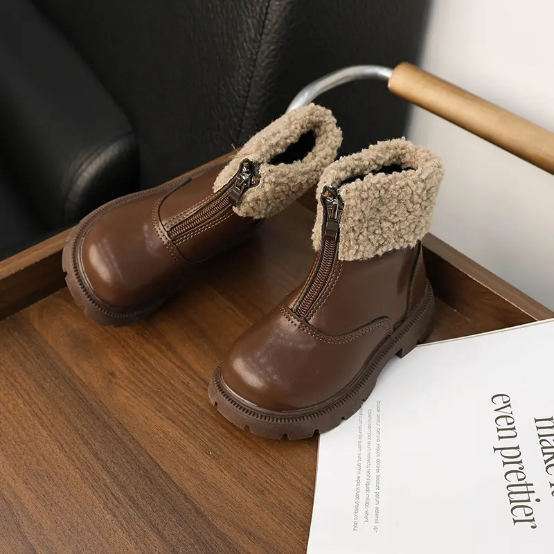 Winter Children's Ankle Boots Warm Simple Toddler Girls Causal Cotton Boots Thick Bottom Trend Kids Fashion Leather Boots Zipper