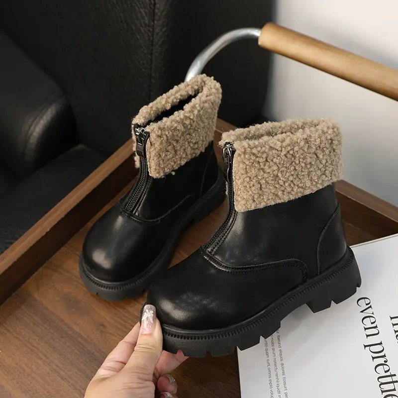 Winter Children's Ankle Boots Warm Simple Toddler Girls Causal Cotton Boots Thick Bottom Trend Kids Fashion Leather Boots Zipper