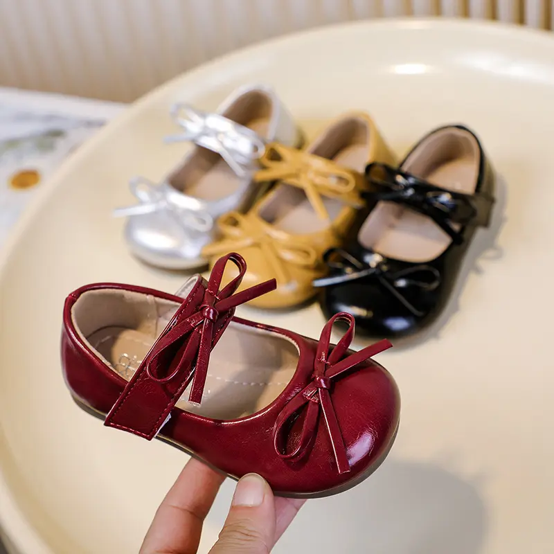 Girls Leather Shoes Soild Color Round Toes Kids Flats Performance Shoes Double Bowtie Girls Shallow Mouth Mary Jane Shoes