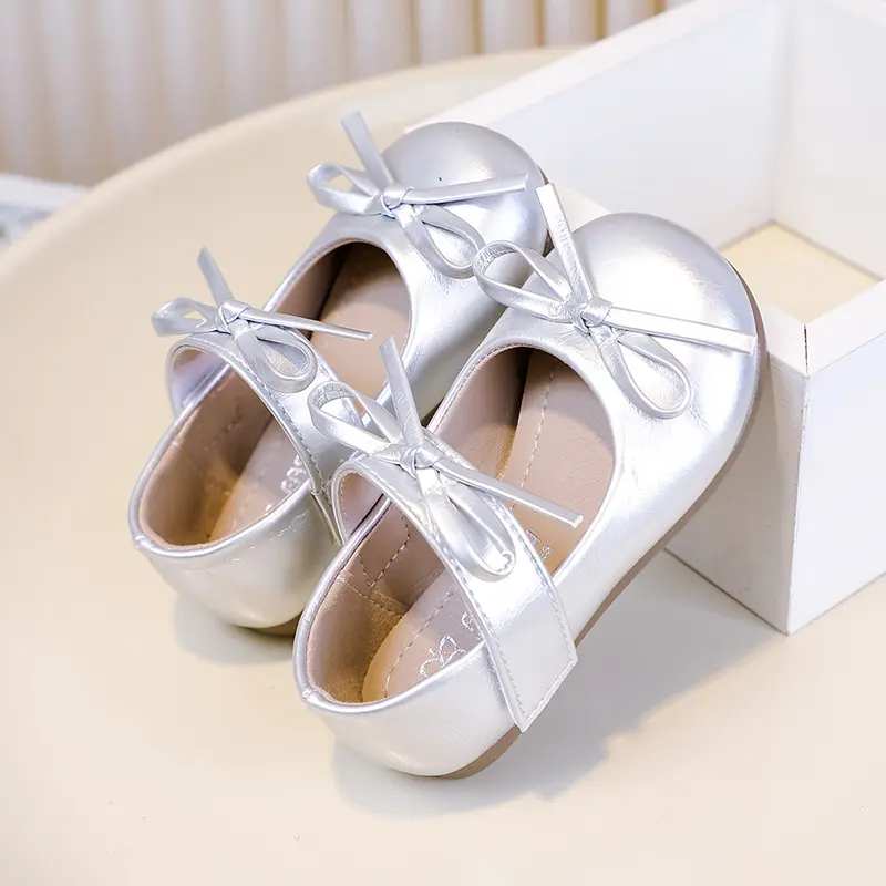 Girls Leather Shoes Soild Color Round Toes Kids Flats Performance Shoes Double Bowtie Girls Shallow Mouth Mary Jane Shoes