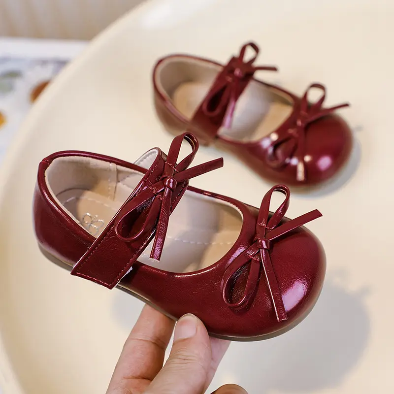 Girls Leather Shoes Soild Color Round Toes Kids Flats Performance Shoes Double Bowtie Girls Shallow Mouth Mary Jane Shoes