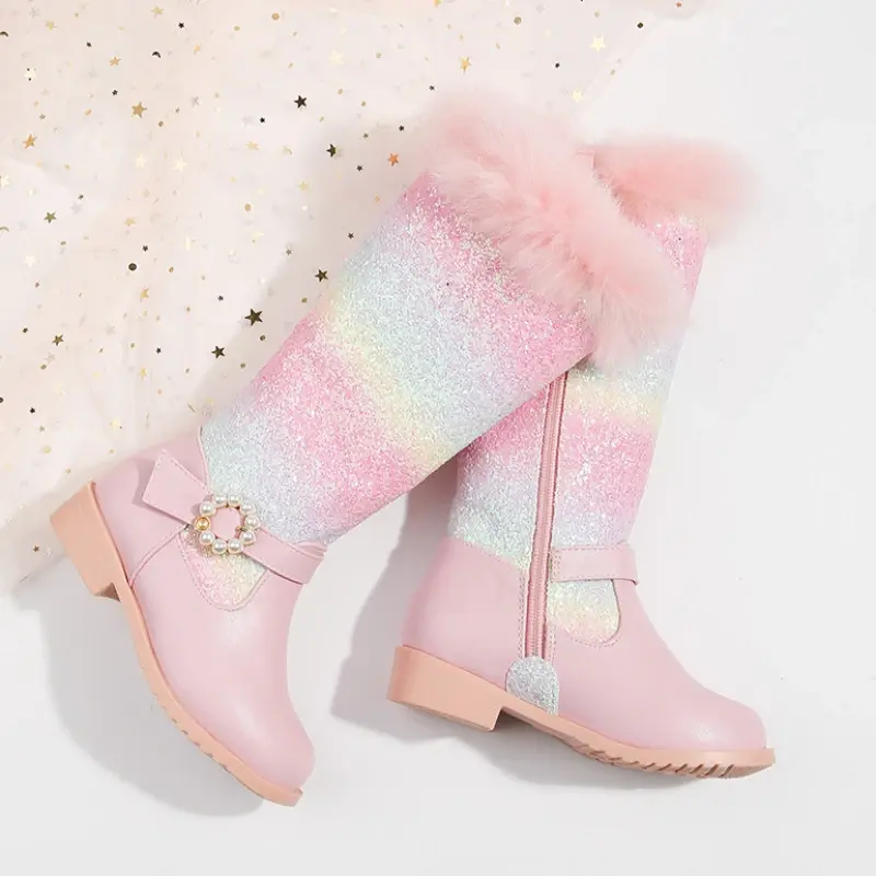 Winter Girls Long High Boots Rainbow Sequins Children Princess Catwalk Performance Boots Glitter Chic Versatile Kids Cotton Boot