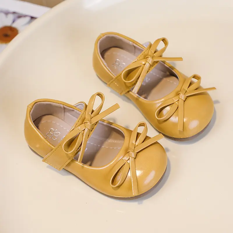 Girls Leather Shoes Soild Color Round Toes Kids Flats Performance Shoes Double Bowtie Girls Shallow Mouth Mary Jane Shoes
