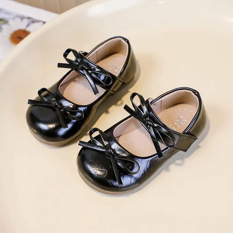 Girls Leather Shoes Soild Color Round Toes Kids Flats Performance Shoes Double Bowtie Girls Shallow Mouth Mary Jane Shoes