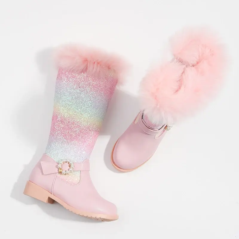 Winter Girls Long High Boots Rainbow Sequins Children Princess Catwalk Performance Boots Glitter Chic Versatile Kids Cotton Boot