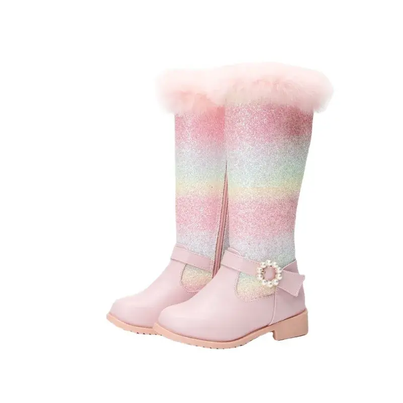 Winter Girls Long High Boots Rainbow Sequins Children Princess Catwalk Performance Boots Glitter Chic Versatile Kids Cotton Boot