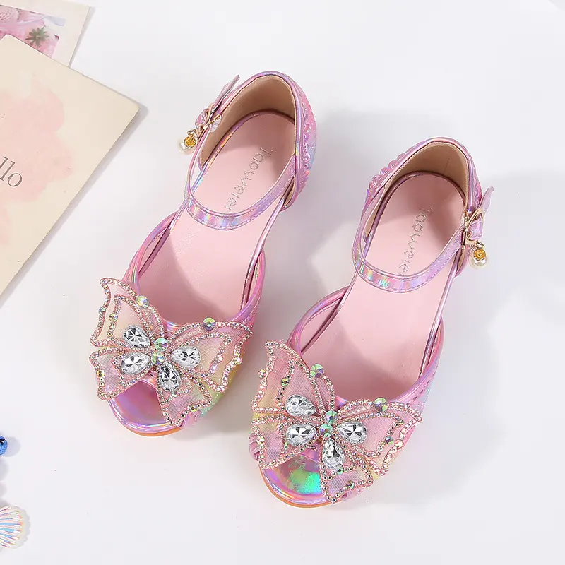 Summer Girl's High Heel Shoes New Rhinestone Butterfly Children Princess Sandals for Wedding Party Fashion Sequins Kids Sandal