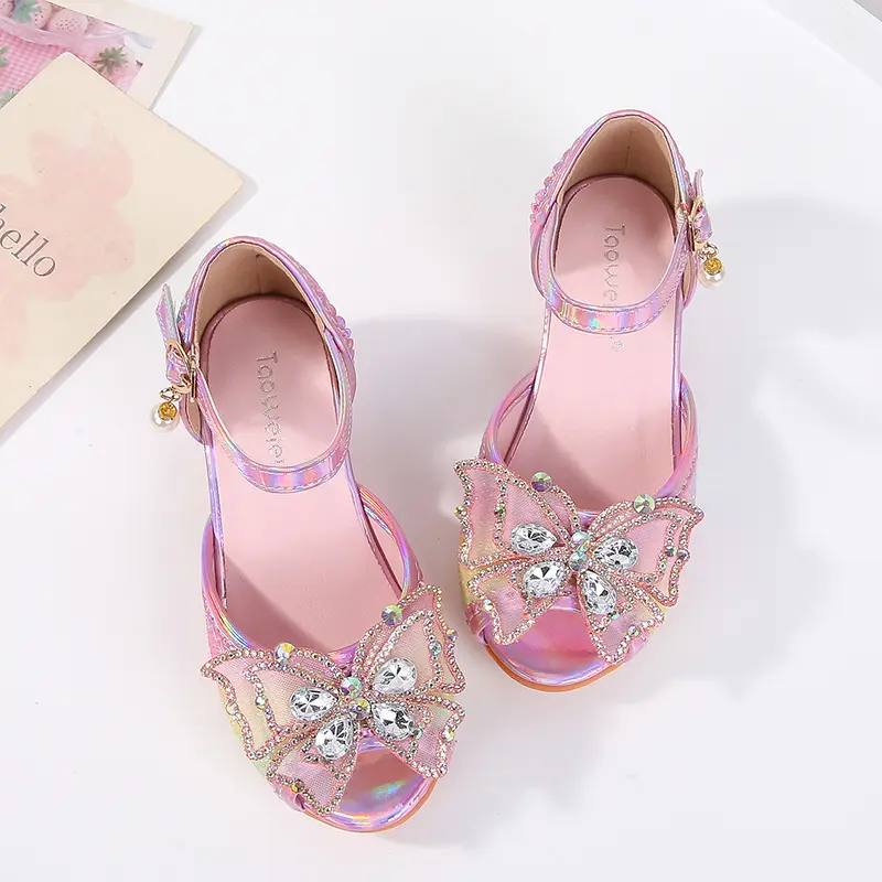 Summer Girl's High Heel Shoes New Rhinestone Butterfly Children Princess Sandals for Wedding Party Fashion Sequins Kids Sandal