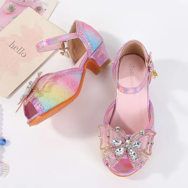 Summer Girl's High Heel Shoes New Rhinestone Butterfly Children Princess Sandals for Wedding Party Fashion Sequins Kids Sandal
