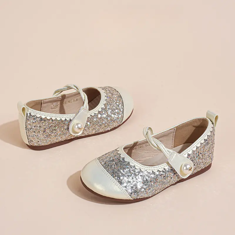 Children Leather Shoes Sequins Patchwork Girls Fashion Ballet Shoes 2025 New Versatile Kids Causal Princess Flat Shoes Round-toe