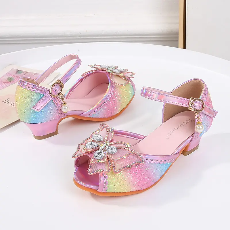 Summer Girl's High Heel Shoes New Rhinestone Butterfly Children Princess Sandals for Wedding Party Fashion Sequins Kids Sandal