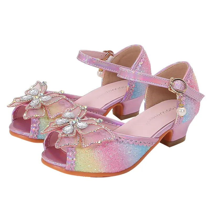 Summer Girl's High Heel Shoes New Rhinestone Butterfly Children Princess Sandals for Wedding Party Fashion Sequins Kids Sandal