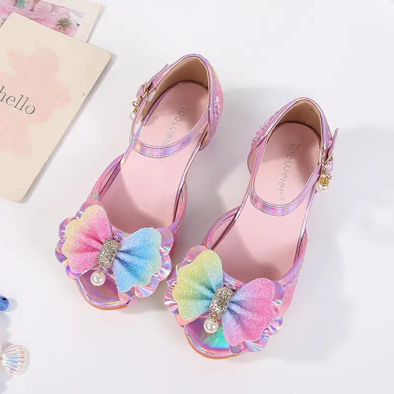 Children High Heels Summer New Rainbow Sequins Girls Fashion Wedding Party Sandals Sweet Elegant Kids Princess Catwalk Sandals