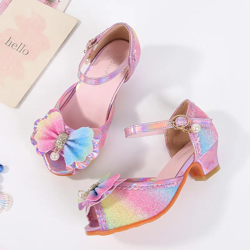 Children High Heels Summer New Rainbow Sequins Girls Fashion Wedding Party Sandals Sweet Elegant Kids Princess Catwalk Sandals