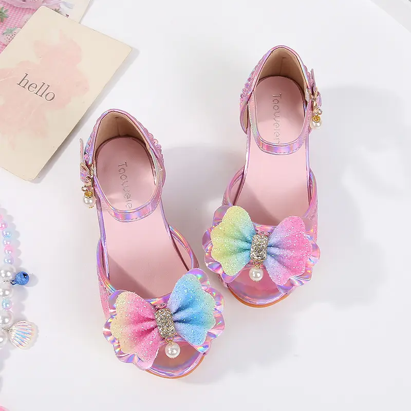 Children High Heels Summer New Rainbow Sequins Girls Fashion Wedding Party Sandals Sweet Elegant Kids Princess Catwalk Sandals