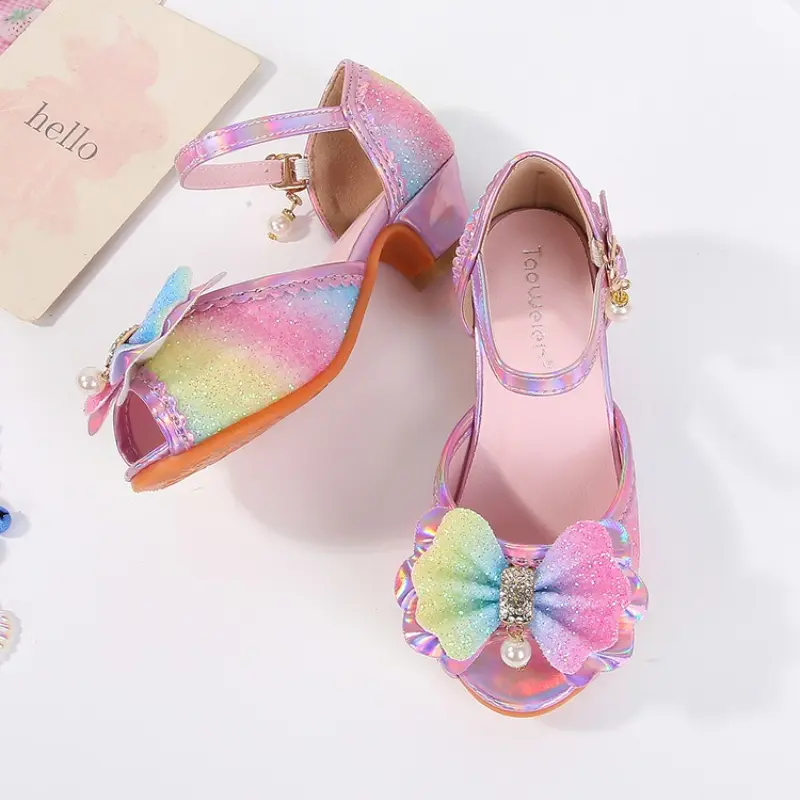 Children High Heels Summer New Rainbow Sequins Girls Fashion Wedding Party Sandals Sweet Elegant Kids Princess Catwalk Sandals