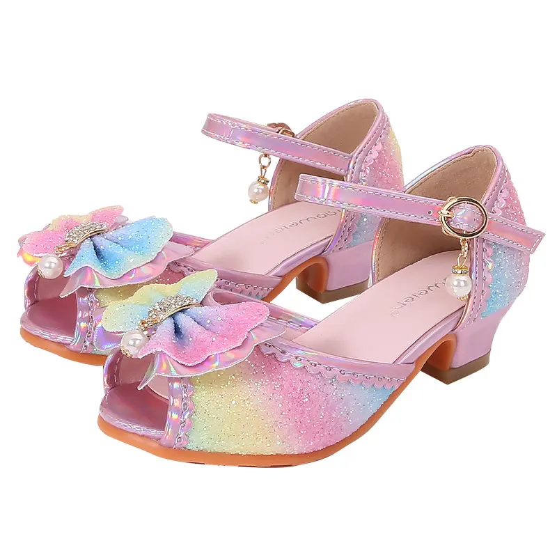 Children High Heels Summer New Rainbow Sequins Girls Fashion Wedding Party Sandals Sweet Elegant Kids Princess Catwalk Sandals