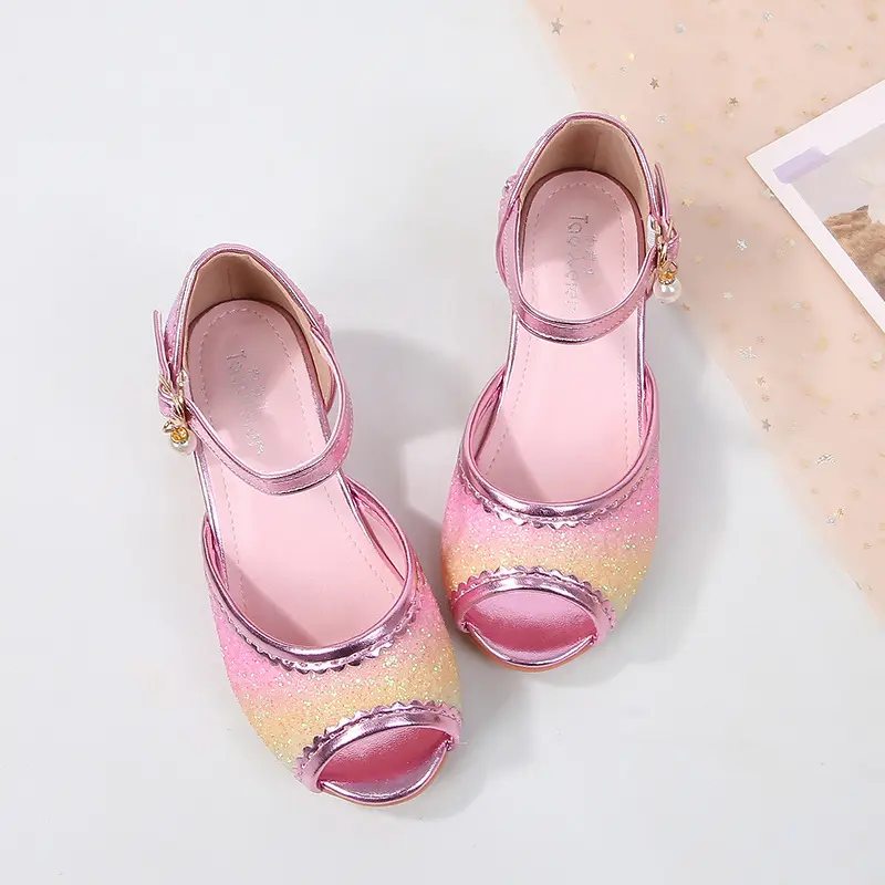 Sweet Girl Princess Dress Sandals Rainbow Sequins Children High Heels Glitter Spring Summer Kids Casual Shoes for Wedding Party