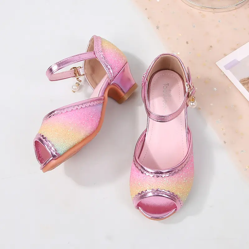 Sweet Girl Princess Dress Sandals Rainbow Sequins Children High Heels Glitter Spring Summer Kids Casual Shoes for Wedding Party