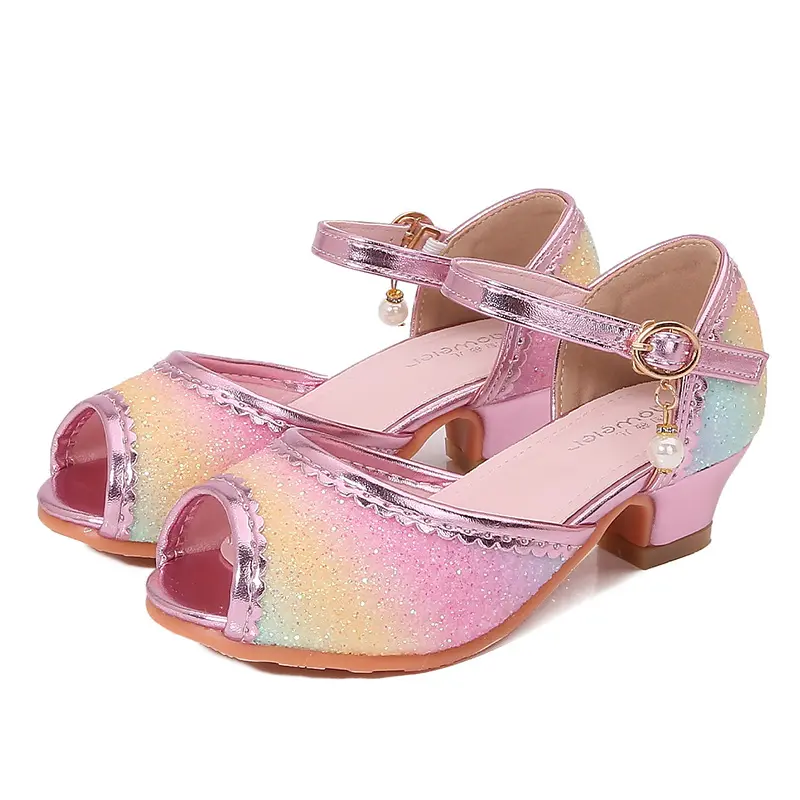 Sweet Girl Princess Dress Sandals Rainbow Sequins Children High Heels Glitter Spring Summer Kids Casual Shoes for Wedding Party