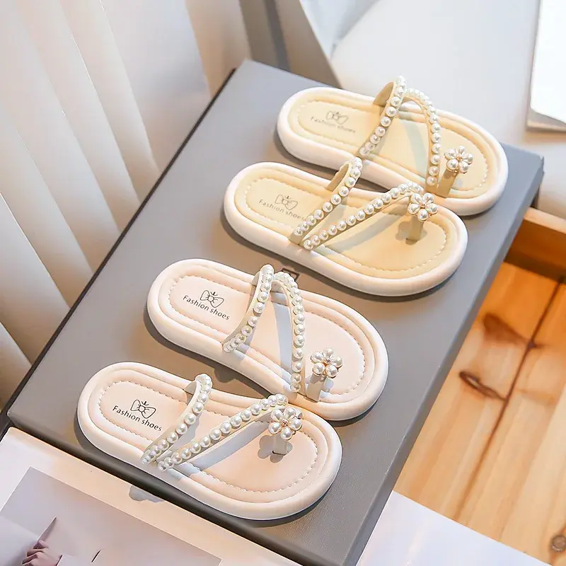 2025 Children Slippers for Girls Summer New Fashion Korean Style Soft Bottom Anti-slippery Versatile Princess Beading Beach Shoe