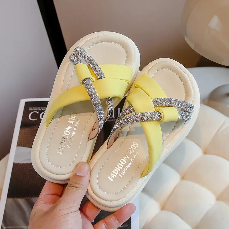 Summer Luxury Girls Causal Slippers Toddler Rhinestone Kids Outdoor Open-toe Slipper for Princess Flat Children's Woven Slippers