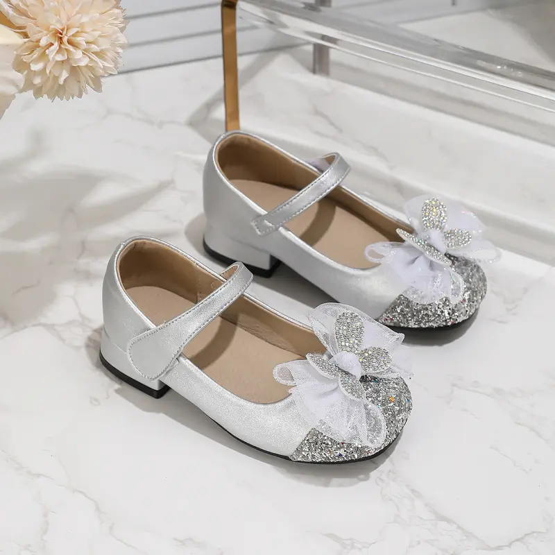 New Girl Princess Shoes for Wedding Party Children Fashion Leather Shoes Silver Bowknot Versatile Kids Catwalk High Heel Shoes