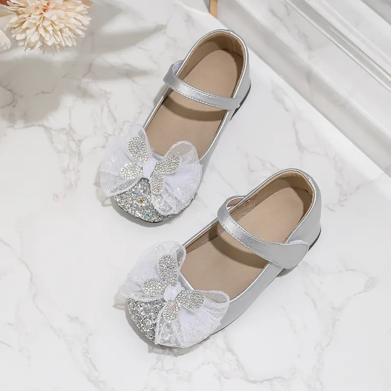 New Girl Princess Shoes for Wedding Party Children Fashion Leather Shoes Silver Bowknot Versatile Kids Catwalk High Heel Shoes