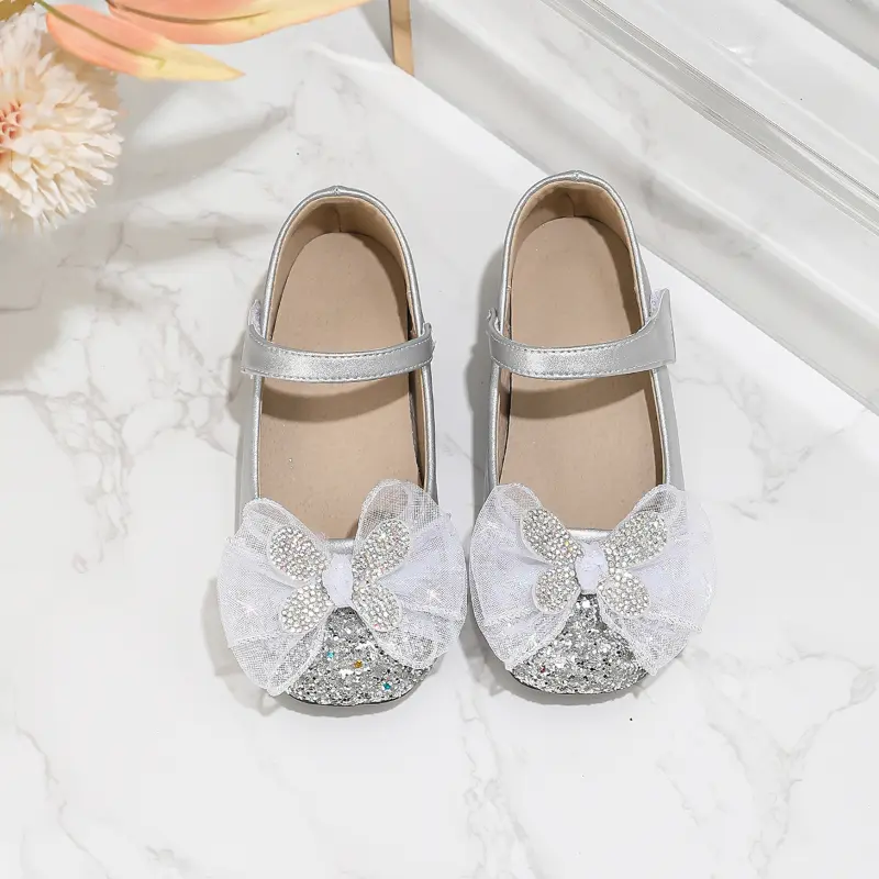 New Girl Princess Shoes for Wedding Party Children Fashion Leather Shoes Silver Bowknot Versatile Kids Catwalk High Heel Shoes