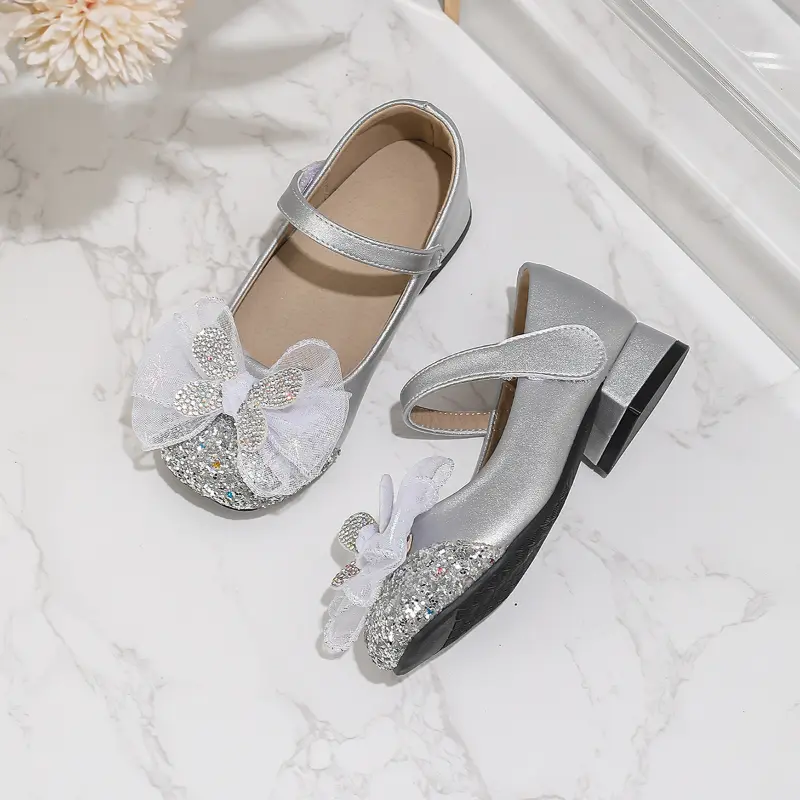 New Girl Princess Shoes for Wedding Party Children Fashion Leather Shoes Silver Bowknot Versatile Kids Catwalk High Heel Shoes