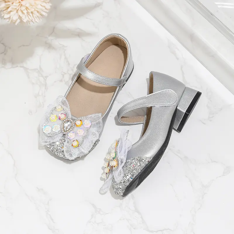 Spring Autumn Luxury Girl Shoes New Rhinestone Bowknot Kids Fashion Leather Shoes Princess Versatile Children Causal High Heels