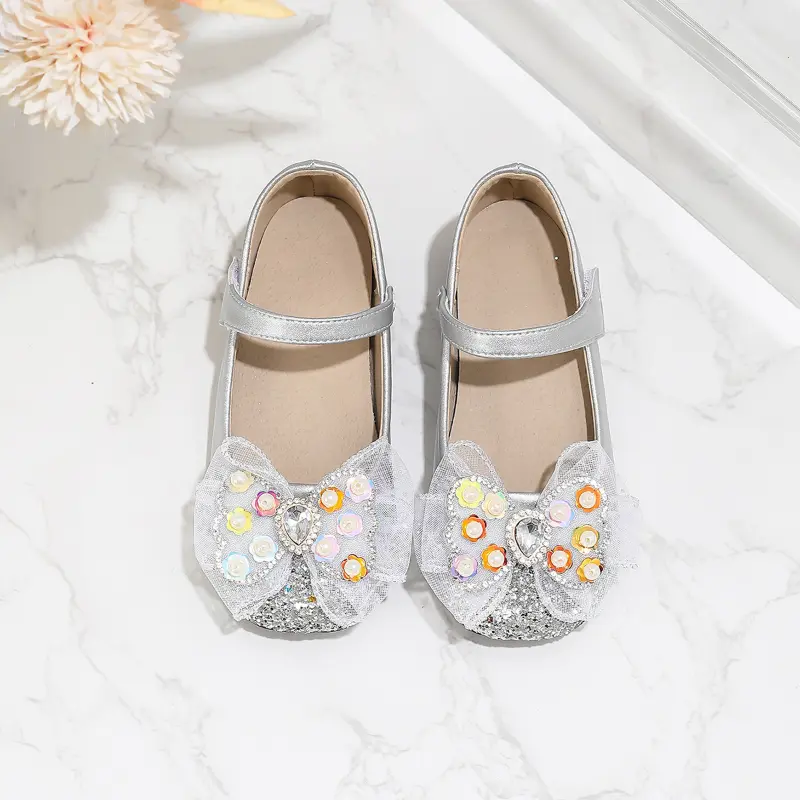 Spring Autumn Luxury Girl Shoes New Rhinestone Bowknot Kids Fashion Leather Shoes Princess Versatile Children Causal High Heels