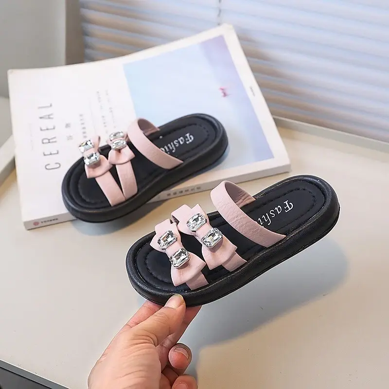 Summer Children's Outdoor Slippers New Sweet Bowknot Girls Fashion Causal Slippers Non-slip Kids Princess Beach Flat Slippers