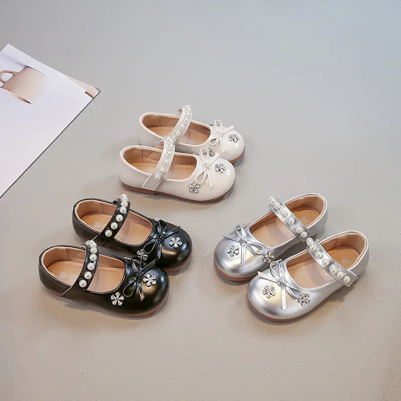 Girls Flats Princess Style Simple Bows Kids Leather Shoes Round Toes Sweet Flowers 2025 Autumn New Children Casual Dance Shoes