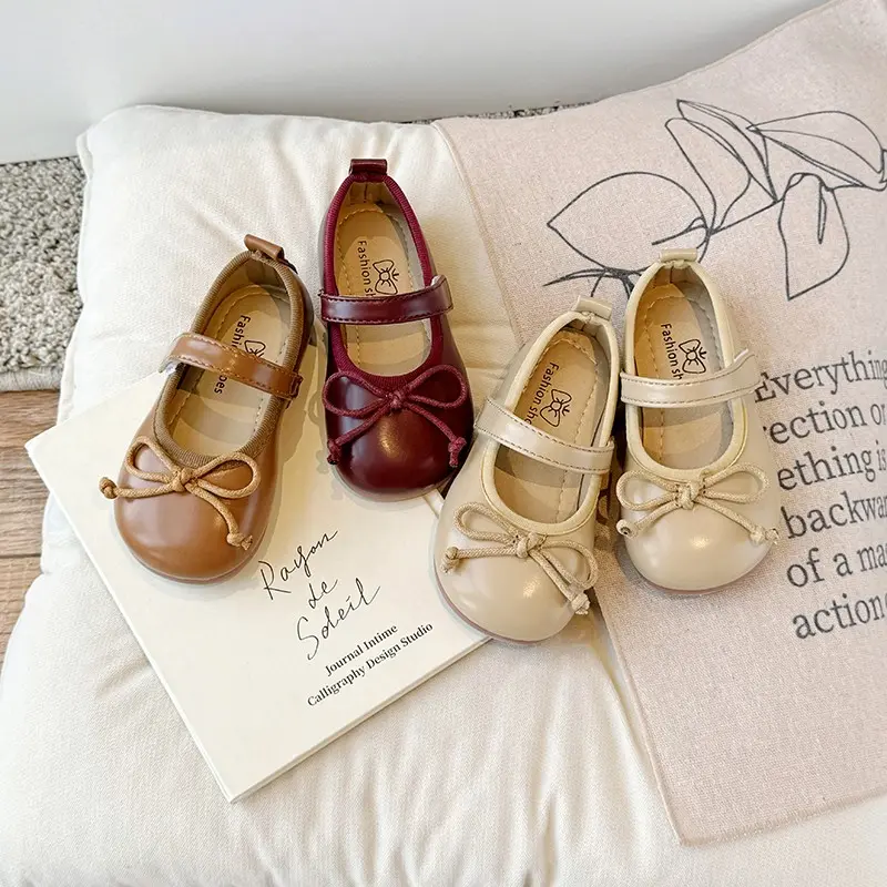 Girls Leather Shoes for Party Wedding Fashion Children Princess Shoes with Bow-knot Anti-Slippery Kids Flats Moccasins Shoes